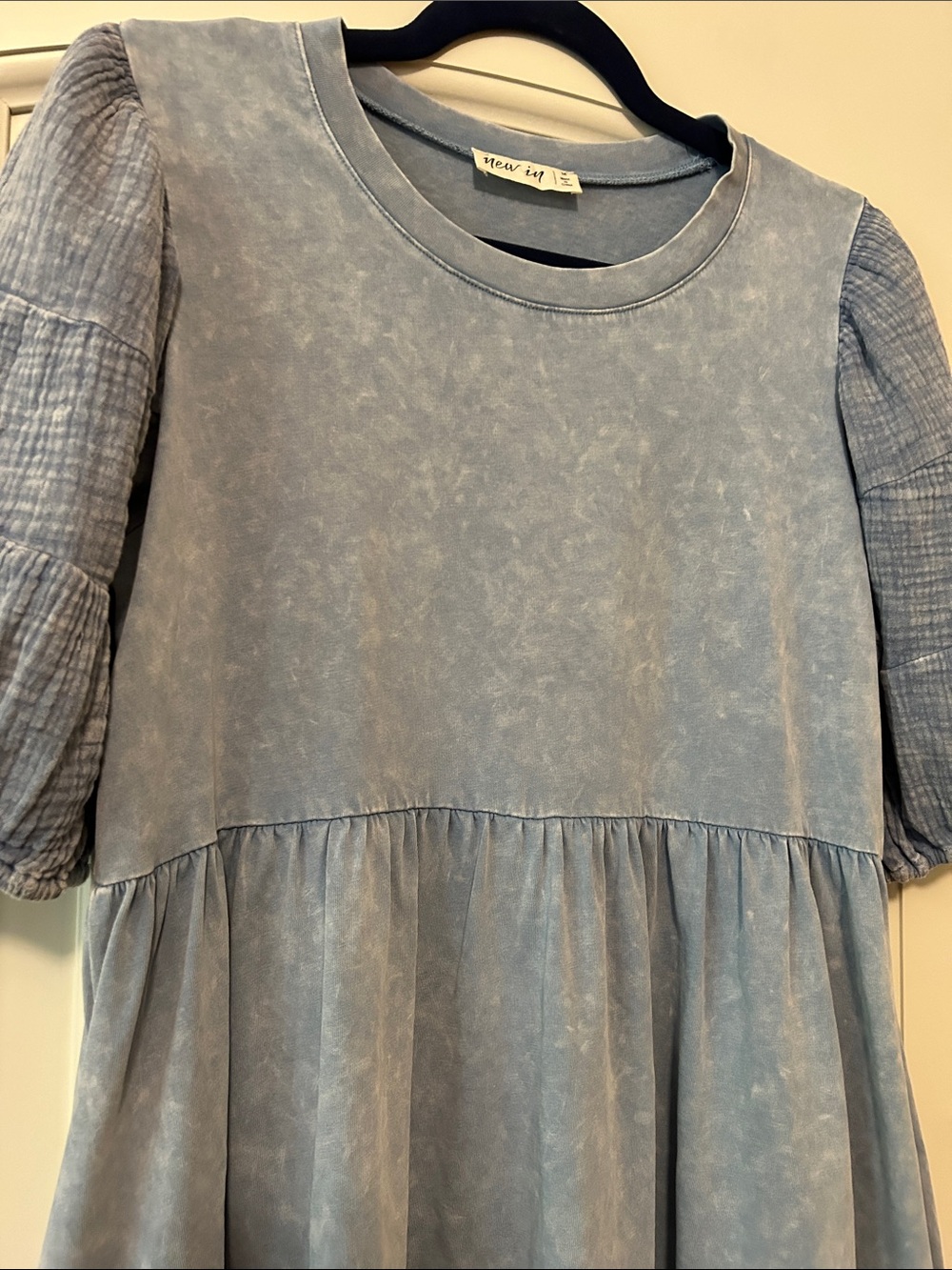 Washed Light Blue Puff-Sleeve Babydoll Mini Dress - Picture 4 of 8